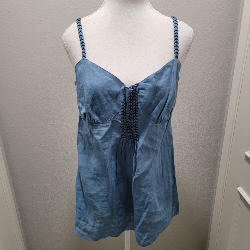 Studio M Light Blue Braided-Trim Linen-Blend Cami